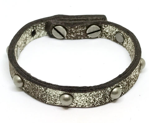 Single Leather Wrap Bracelet - Dark Brown metallic w/antique brass studs