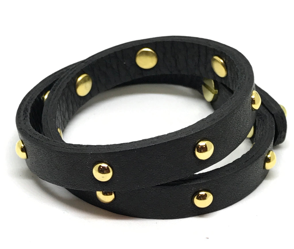 Double Leather Wrap Bracelet/Choker - Black/gold studs