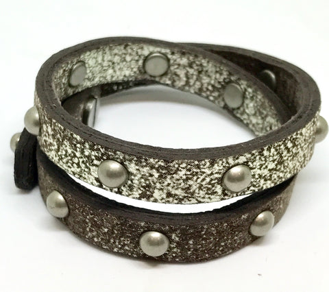 Double Leather Wrap Bracelet/Choker - Dark Brown Metallic/Pewter studs