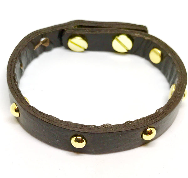 Single Leather Wrap Bracelet - Dark brown w/gold studs