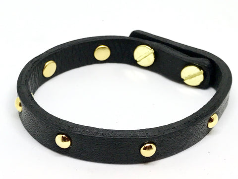 Single Leather Wrap Bracelet - Black w/gold studs