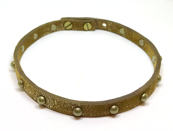 Double Leather Wrap Bracelet/Choker - Tan Metallic/Antique brass studs