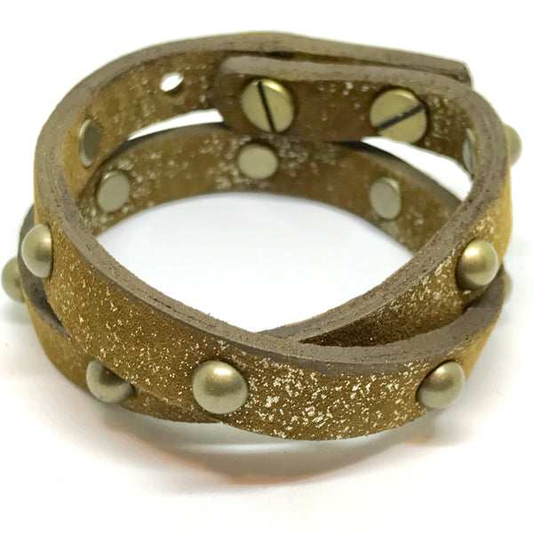 Double Leather Wrap Bracelet/Choker - Tan Metallic/Antique brass studs