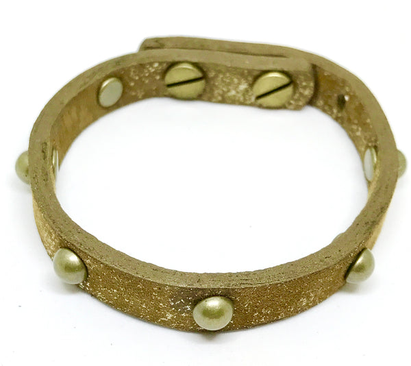 Single Leather Wrap Bracelet - Tan metallic w/antique brass studs